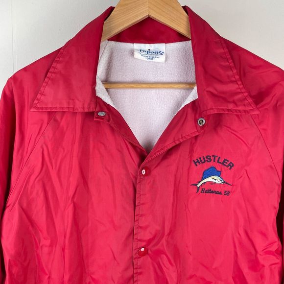Mens Vintage NYLONS USA Red Snap Front Hustler Hatteras Embroidered Jacket Large - Picture 1 of 8